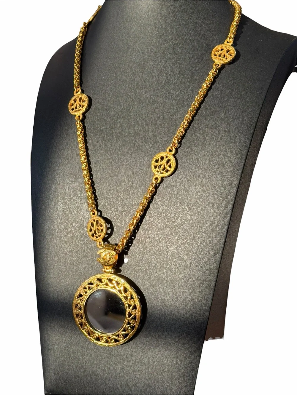 CHANEL Gold Plated Long Medallion Necklace with Mirror Pendant